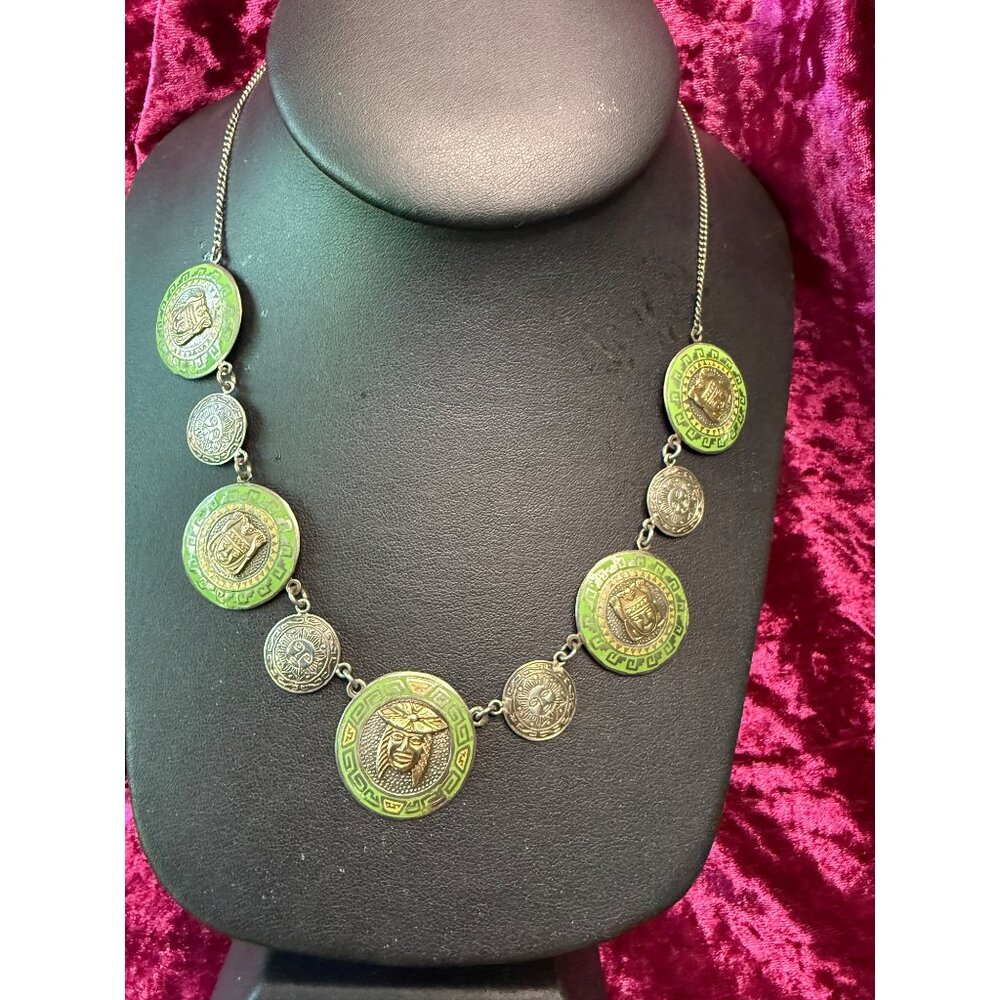 Vintage Peruvian Sterling Silver Inca & Sun Coin Necklace Signed